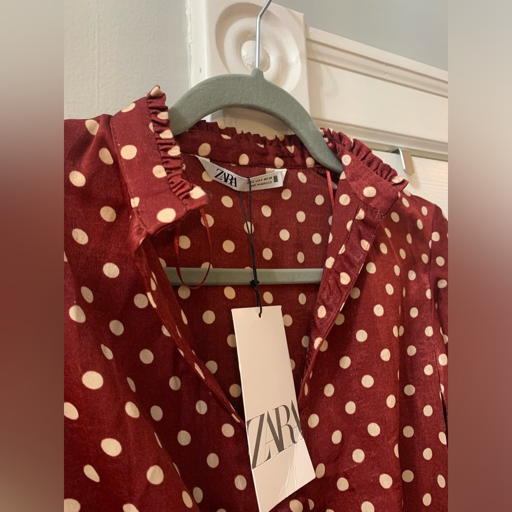 NWOT Women ZARA POLKA DOT SILKY / SATIN MINI DRESS BLOGGERS FAV Wine Small (Q) - Picture 7 of 12